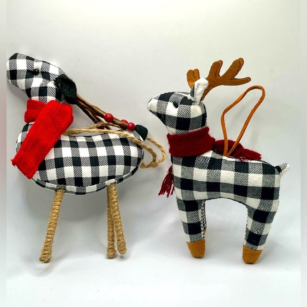 Plaid Christmas reindeer ornaments, set of 2